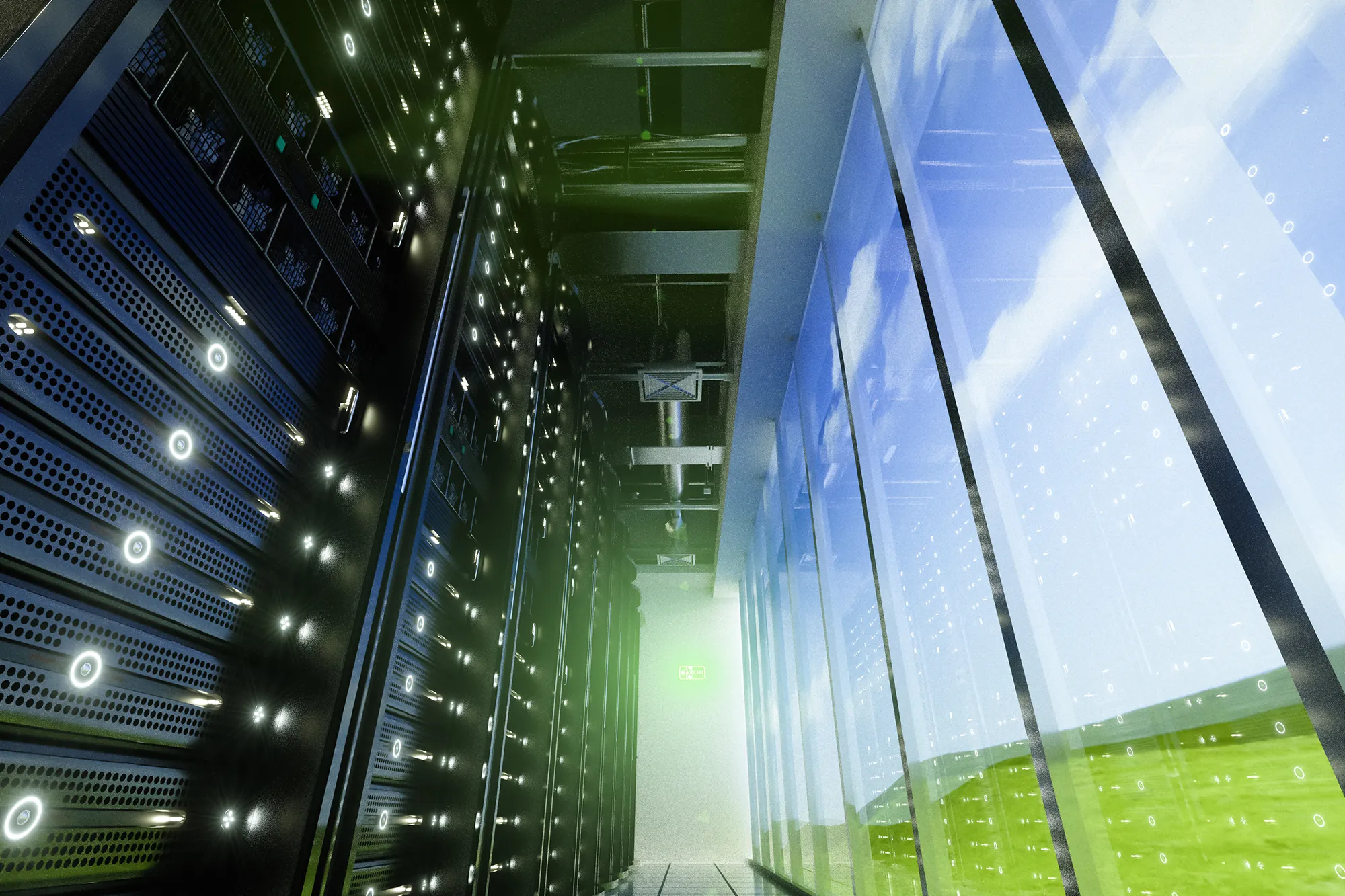 Data center in nature.network servers racks with light